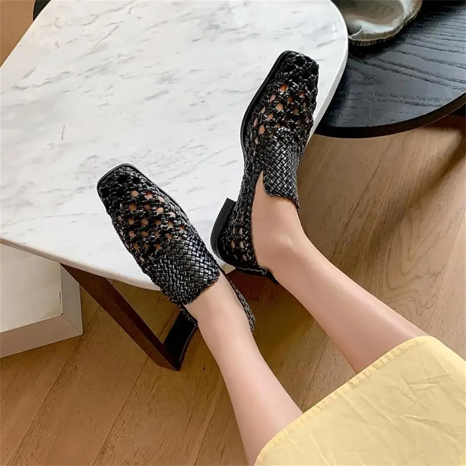 Women's Imitation Leather Loafers - Hollow Square Low Heels, Summer Office Dress Shoes