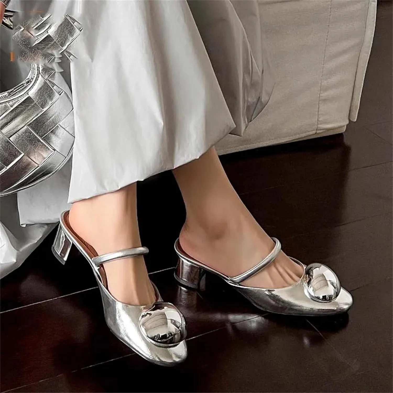Women's Leather Open-Toe Sandals - Med Heels Black/Silver Summer Party Casual