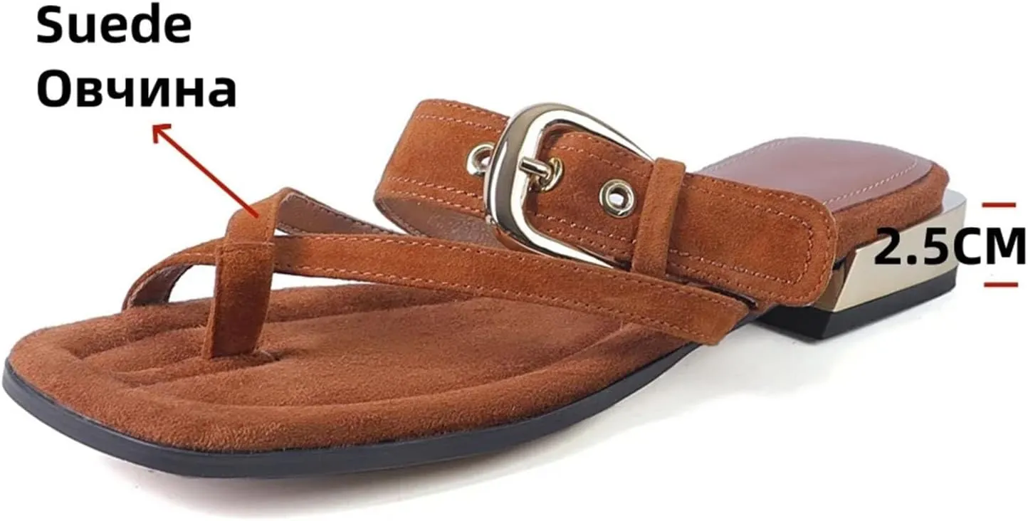 Women's Leather Summer Slippers - Solid Color, Low Thick Heels, Casual Buckles Sandals