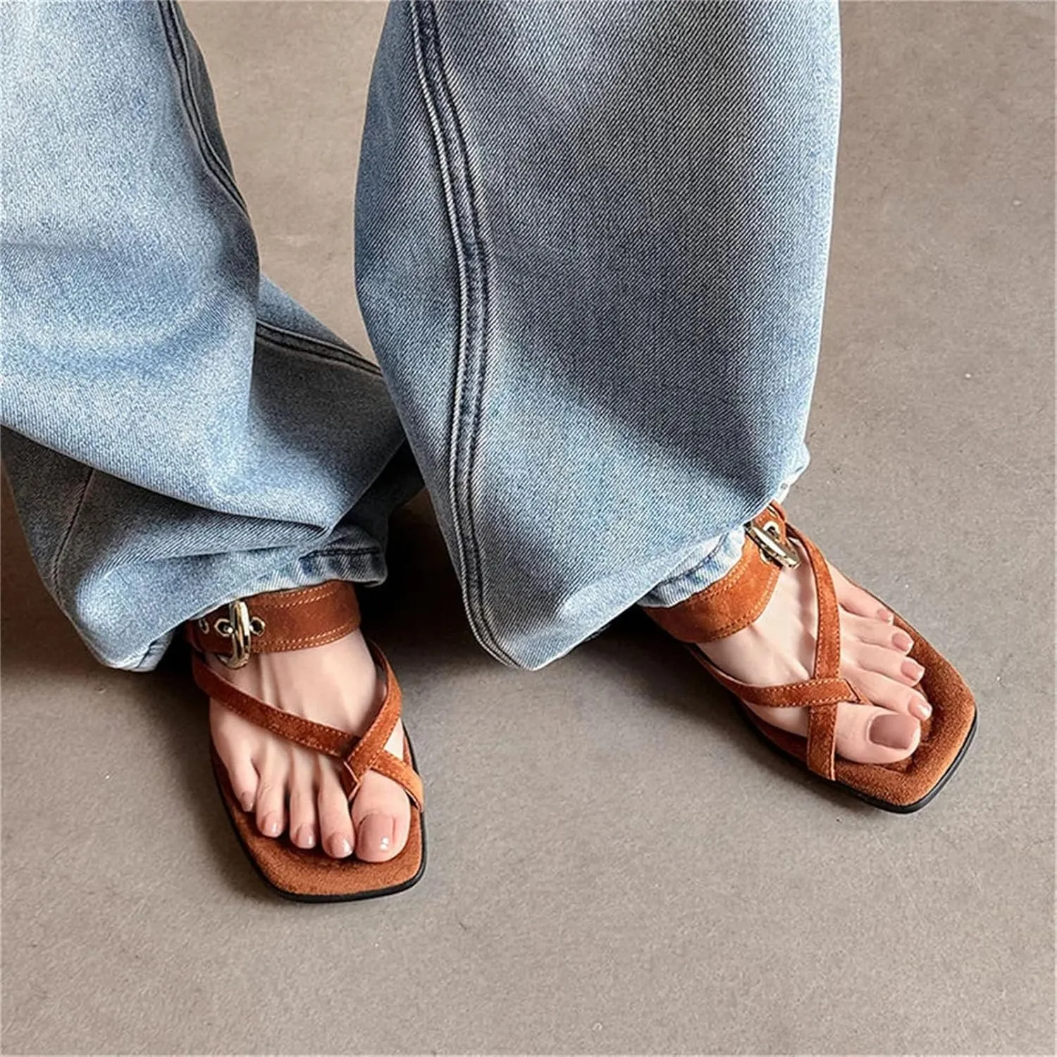 Women's Leather Summer Slippers - Solid Color, Low Thick Heels, Casual Buckles Sandals