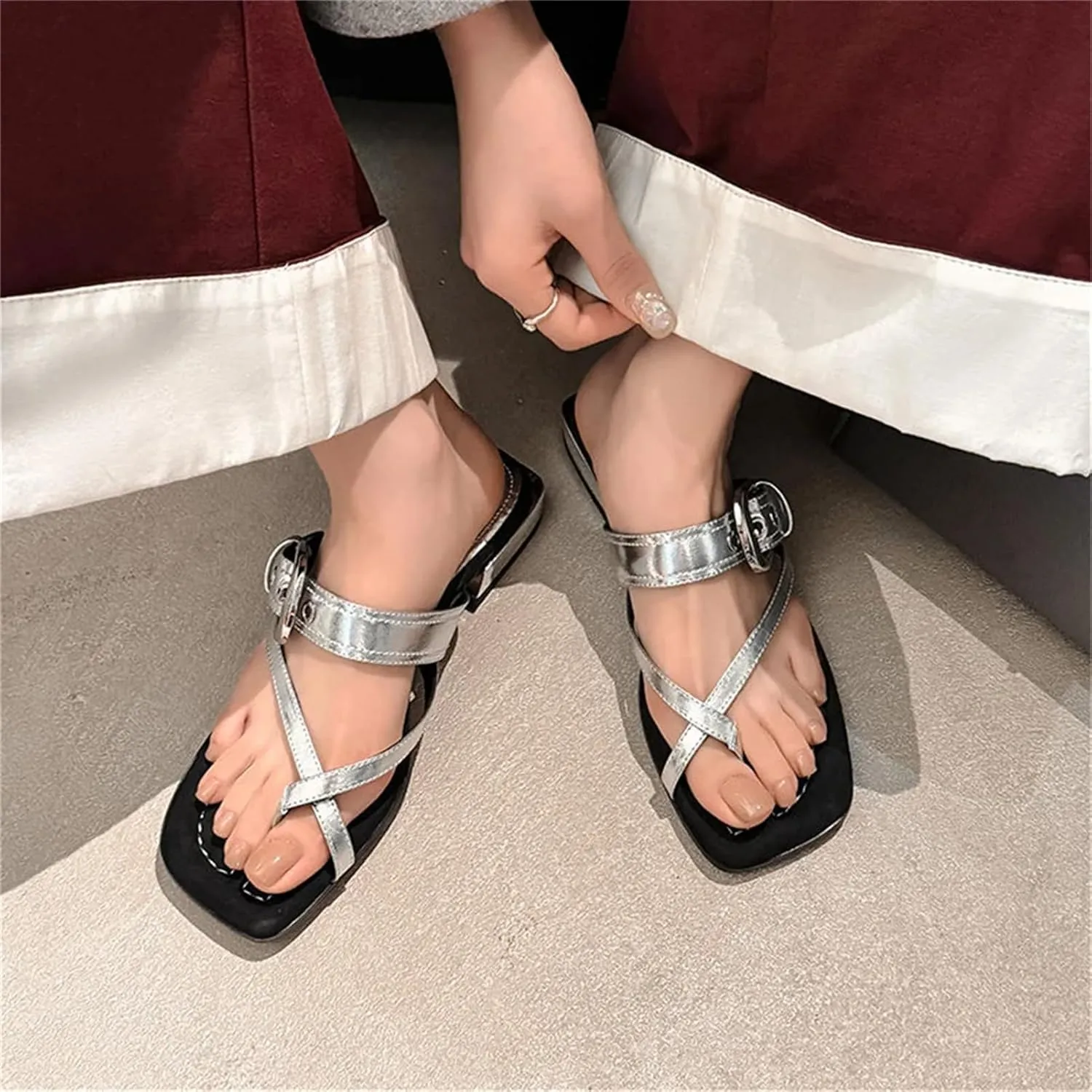 Women's Leather Summer Slippers - Solid Color, Low Thick Heels, Casual Buckles Sandals