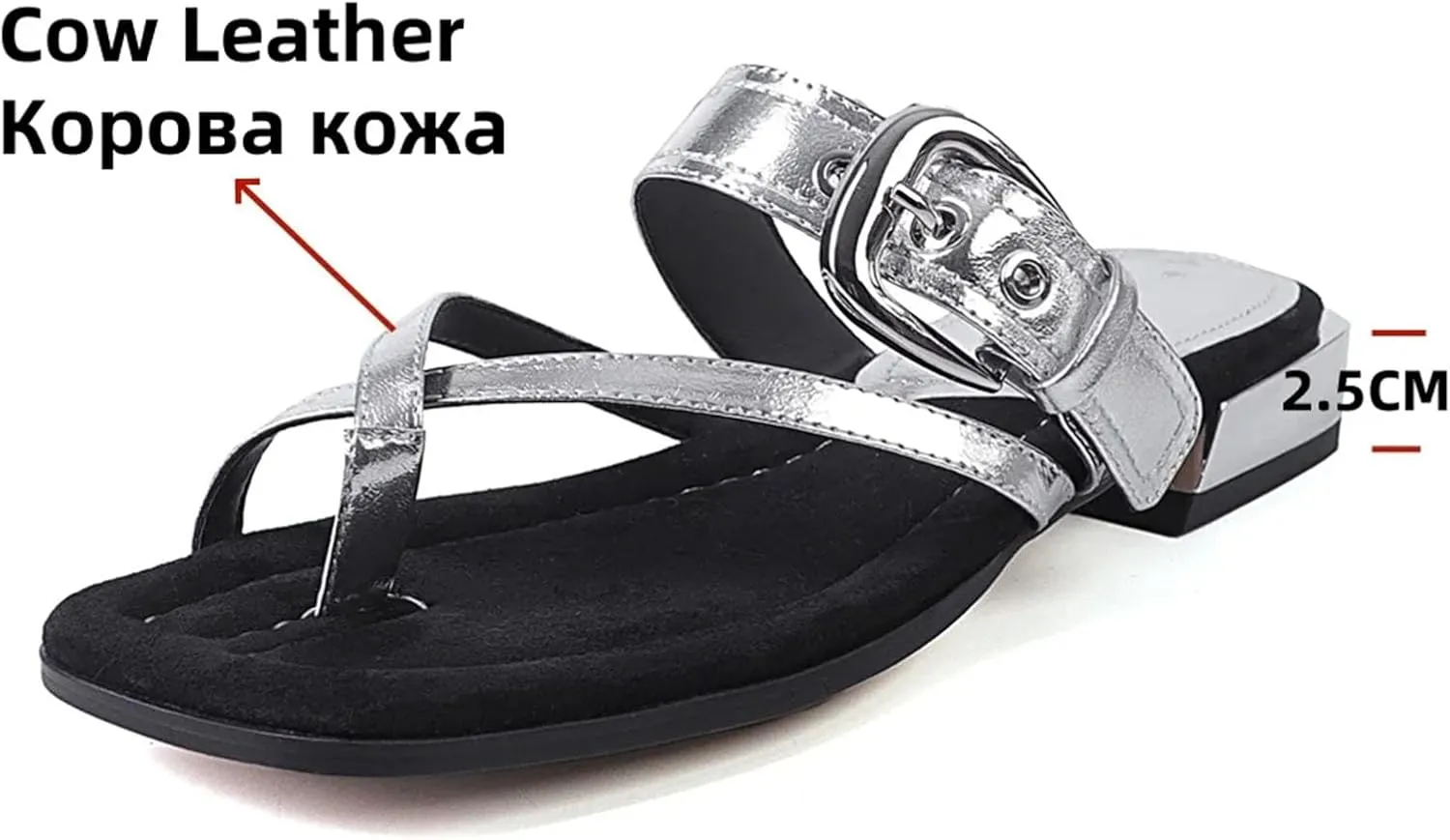 Women's Leather Summer Slippers - Solid Color, Low Thick Heels, Casual Buckles Sandals