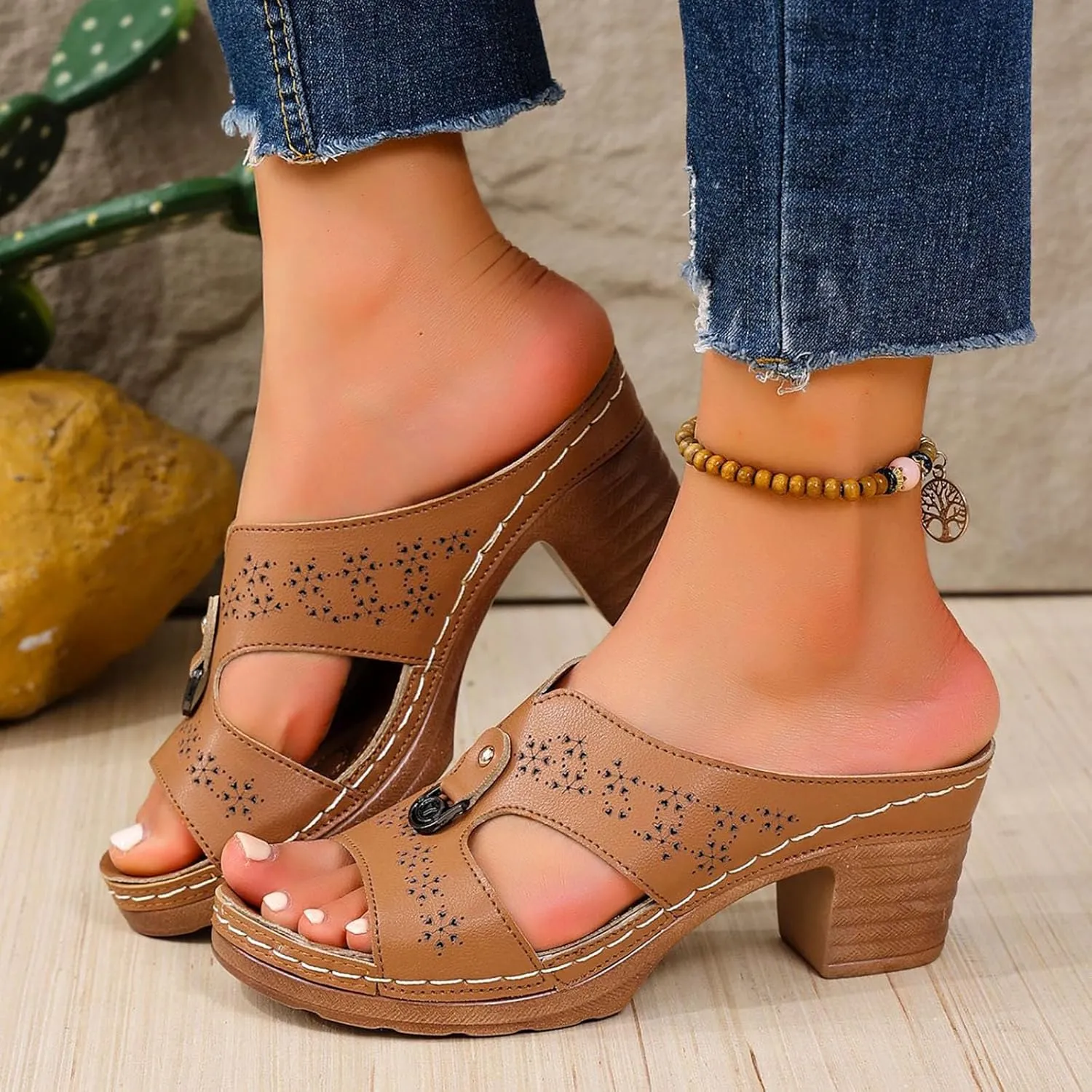 Women's Low Thick Heeled Sandals Open Toe Backless Slip On Block Heels Sandals Summer Fish Mouth Shoes
