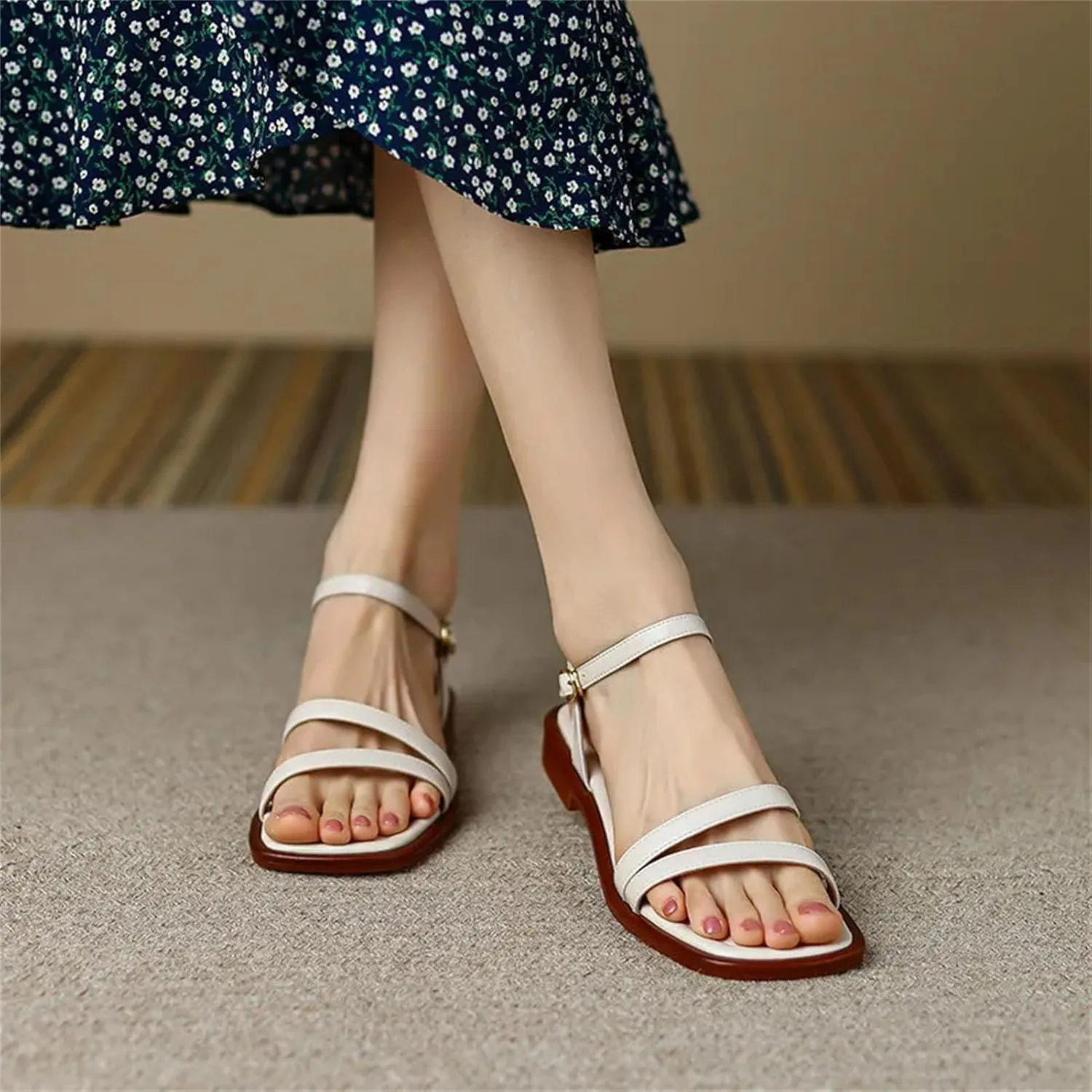 Women's Narrow Band Genuine Leather Sandals - Classic Low Heels, Summer Office Casual Comfort