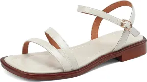 Women's Narrow Band Genuine Leather Sandals - Classic Low Heels, Summer Office Casual Comfort