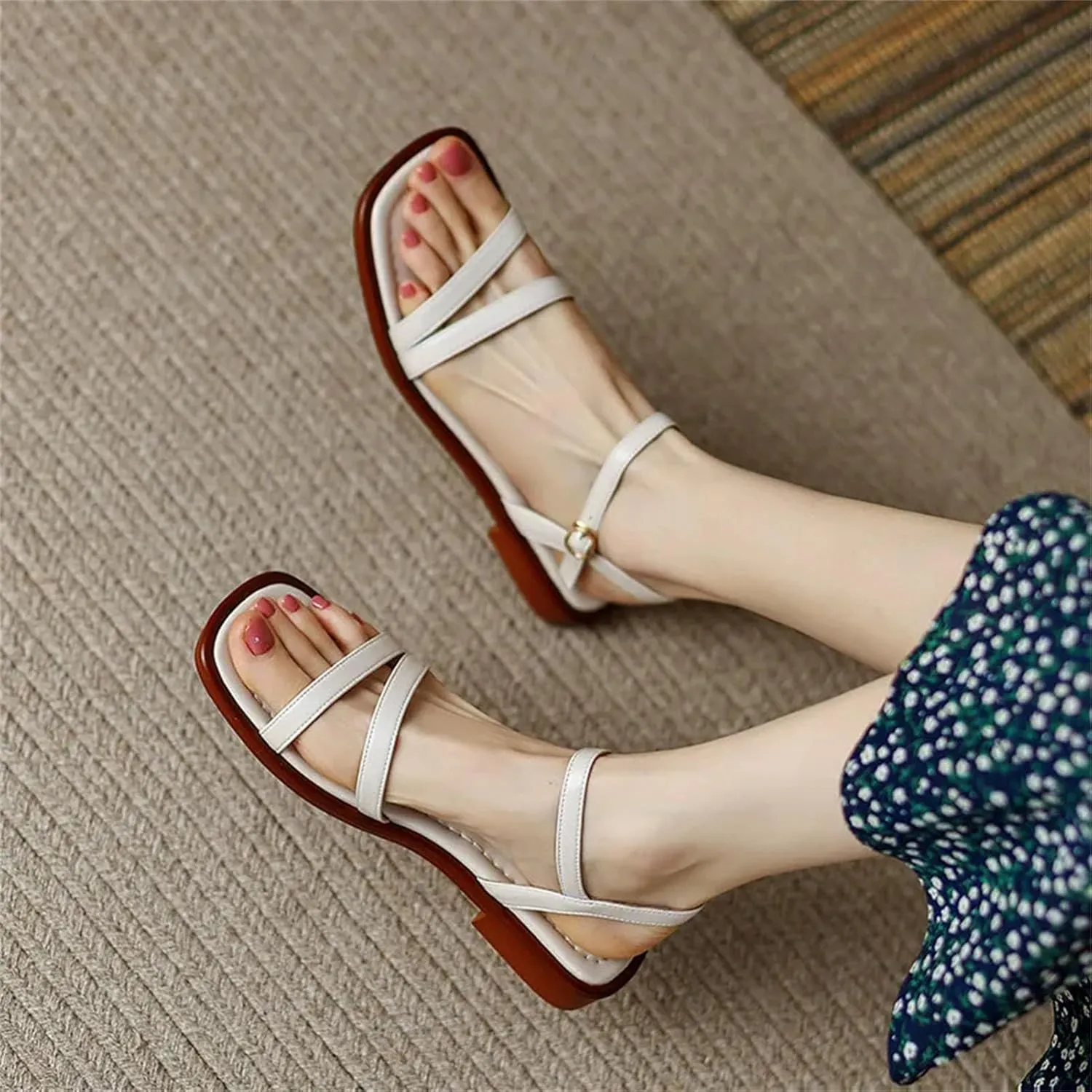 Women's Narrow Band Genuine Leather Sandals - Classic Low Heels, Summer Office Casual Comfort