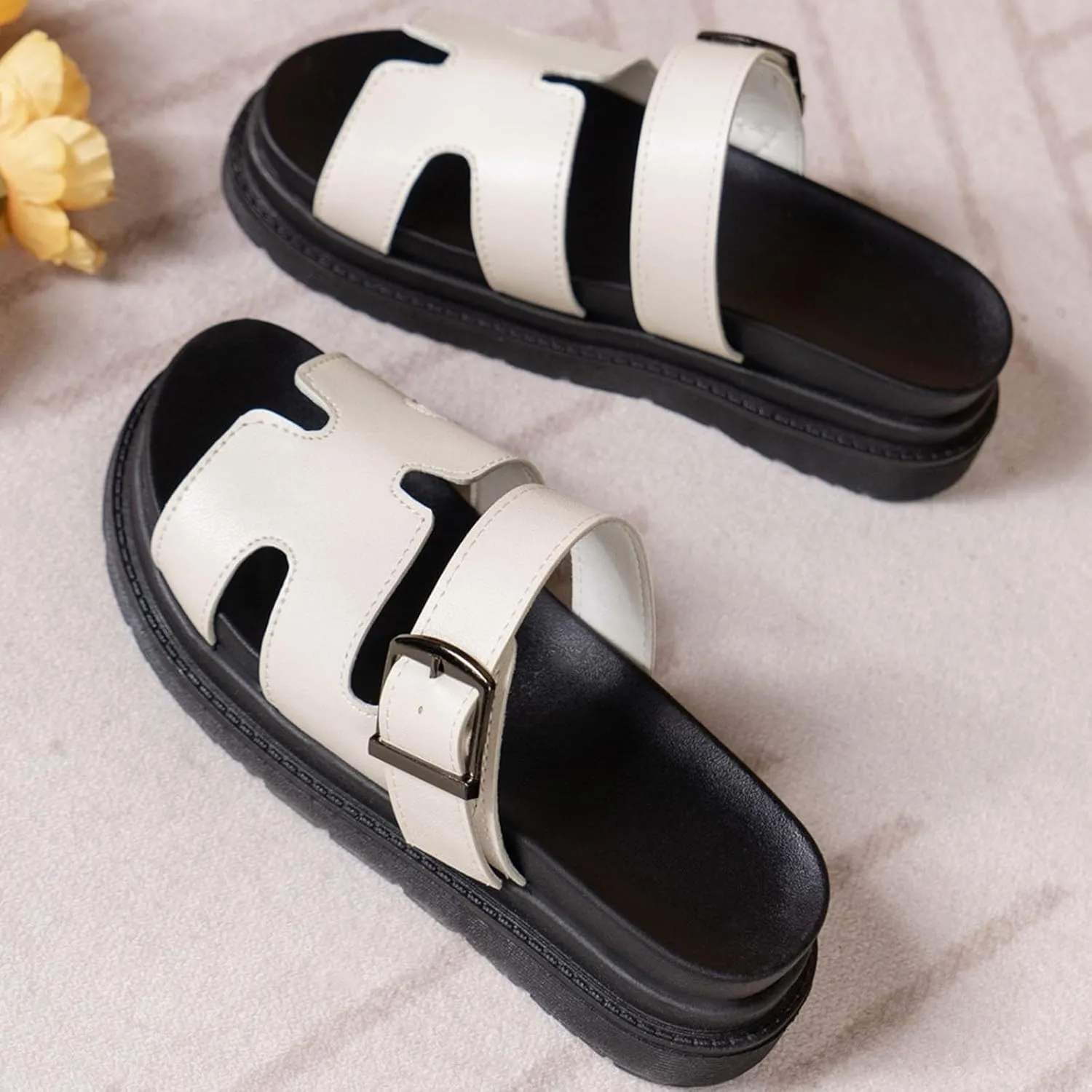 Women's Orthopedic Platform Wedge Sandals 2025 Solid Color Open Toe Summer Fashion Casual Thick Soled Height Enhancing Wedge Heeled Slippers Beach Outdoor Leather Slip on Shoes
