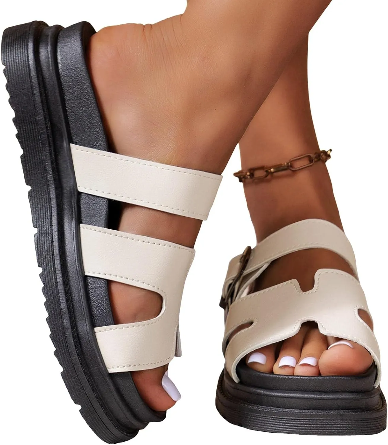 Women's Orthopedic Platform Wedge Sandals 2025 Solid Color Open Toe Summer Fashion Casual Thick Soled Height Enhancing Wedge Heeled Slippers Beach Outdoor Leather Slip on Shoes
