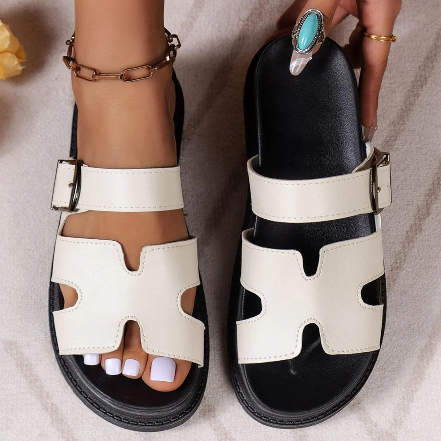 Women's Orthopedic Platform Wedge Sandals 2025 Solid Color Open Toe Summer Fashion Casual Thick Soled Height Enhancing Wedge Heeled Slippers Beach Outdoor Leather Slip on Shoes