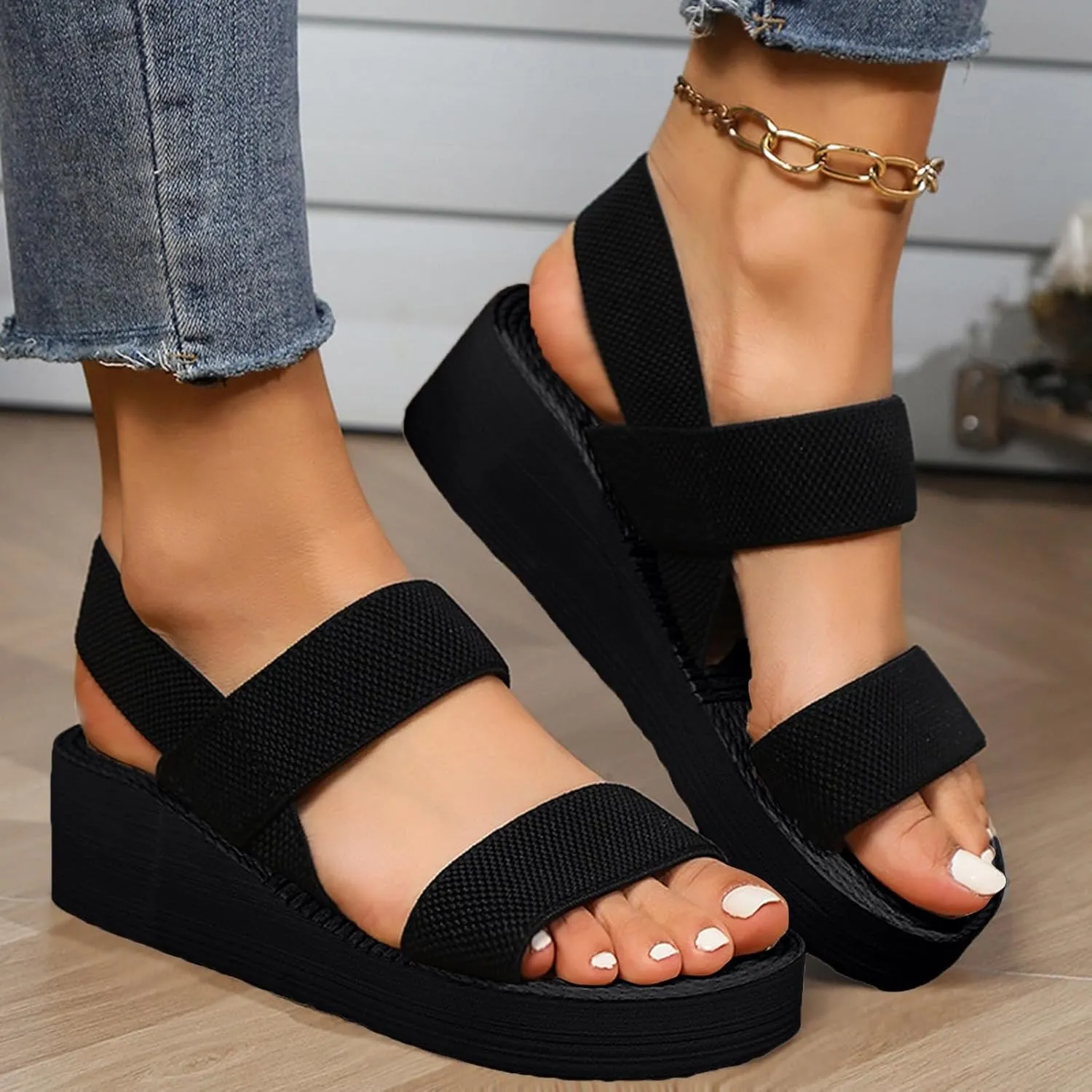 Womens Orthopedic Platform Wedge Sandals with Arch Support Slingback Lightweight Elastic Ankle Strap Low Wedges Walking Sandals Low Wedges Non Slip-on Womens Sandal Heels Dress Open Toe Shoes
