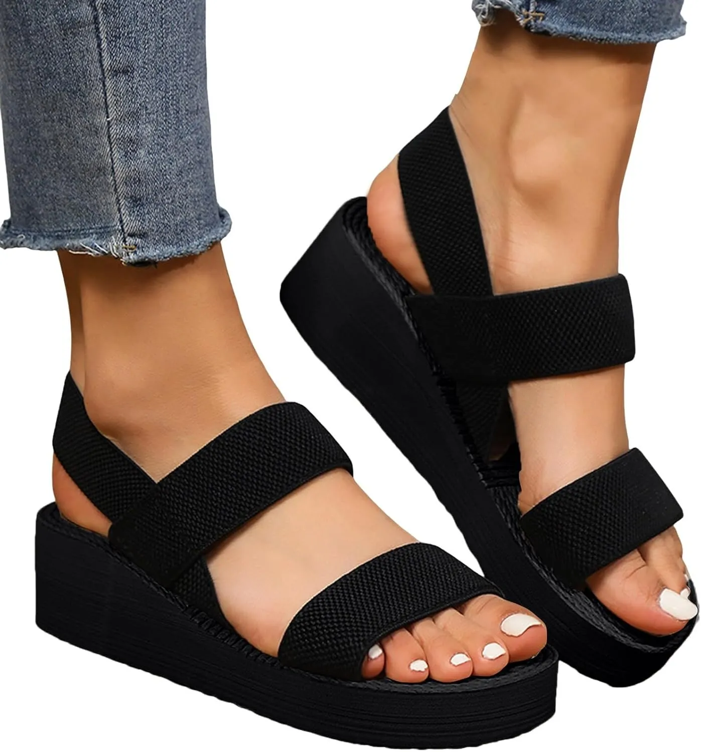 Womens Orthopedic Platform Wedge Sandals with Arch Support Slingback Lightweight Elastic Ankle Strap Low Wedges Walking Sandals Low Wedges Non Slip-on Womens Sandal Heels Dress Open Toe Shoes
