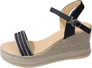 Women's Platform Wedge Sandals Orthopedic High Heel One Strap Comfortable Sandals Thick Cushion Walking Summer Beach Shoes with Buckle Strap