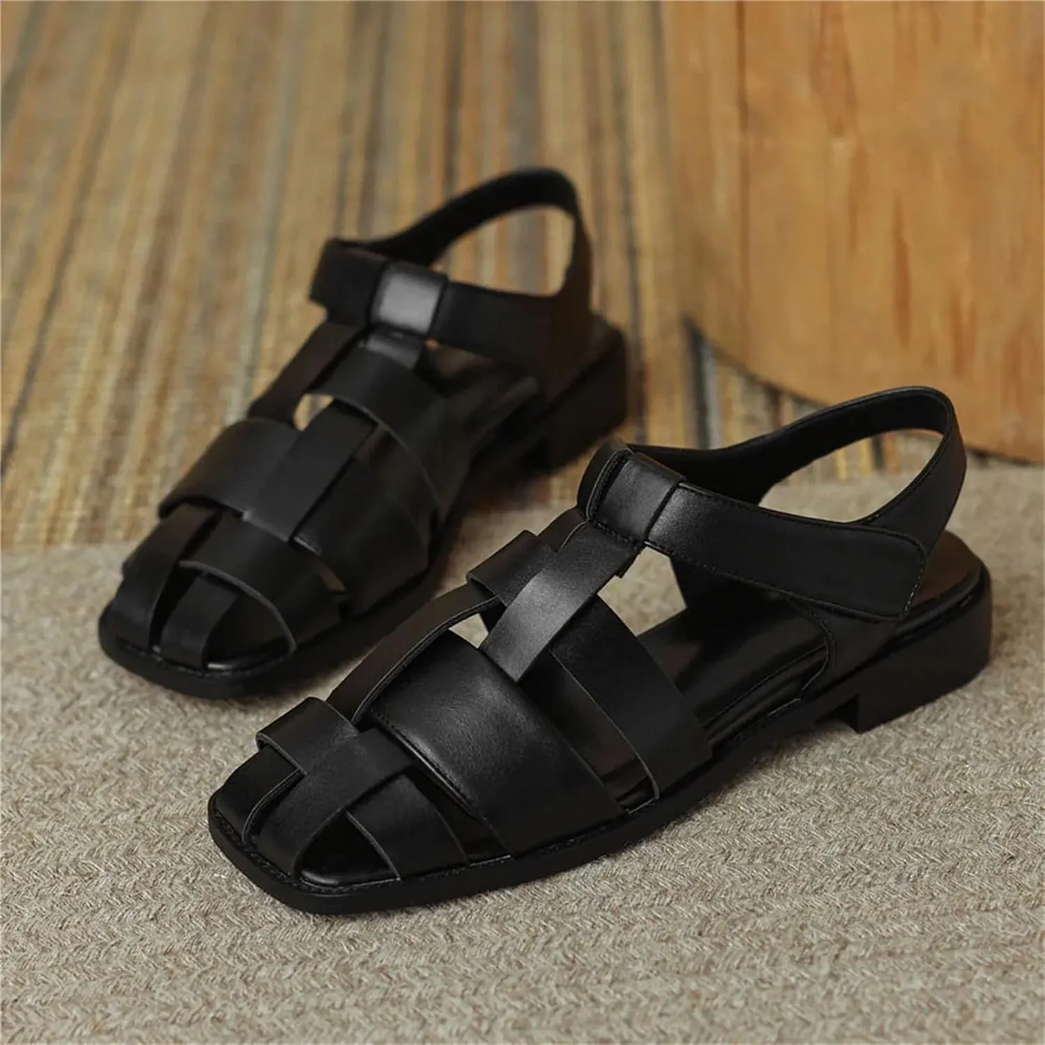 Women's PU Leather Sandals - Weave Thick Heels, Square Toe Summer Casual