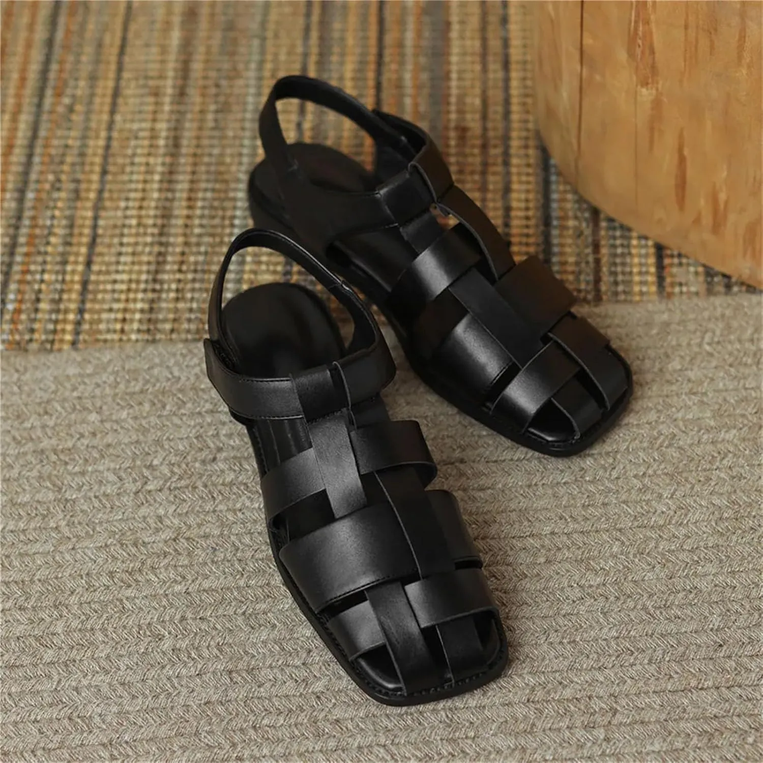 Women's PU Leather Sandals - Weave Thick Heels, Square Toe Summer Casual