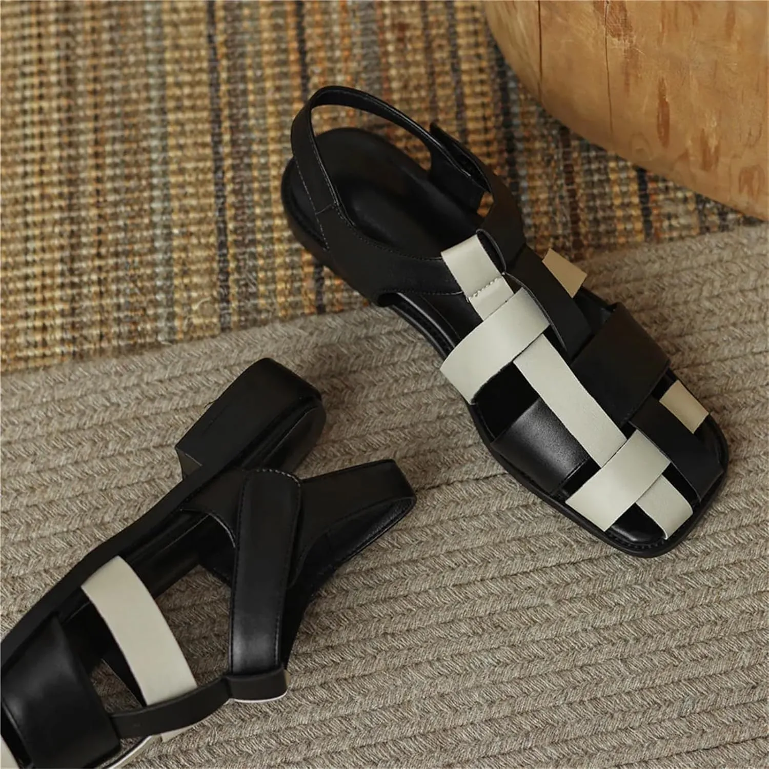 Women's PU Leather Sandals - Weave Thick Heels, Square Toe Summer Casual