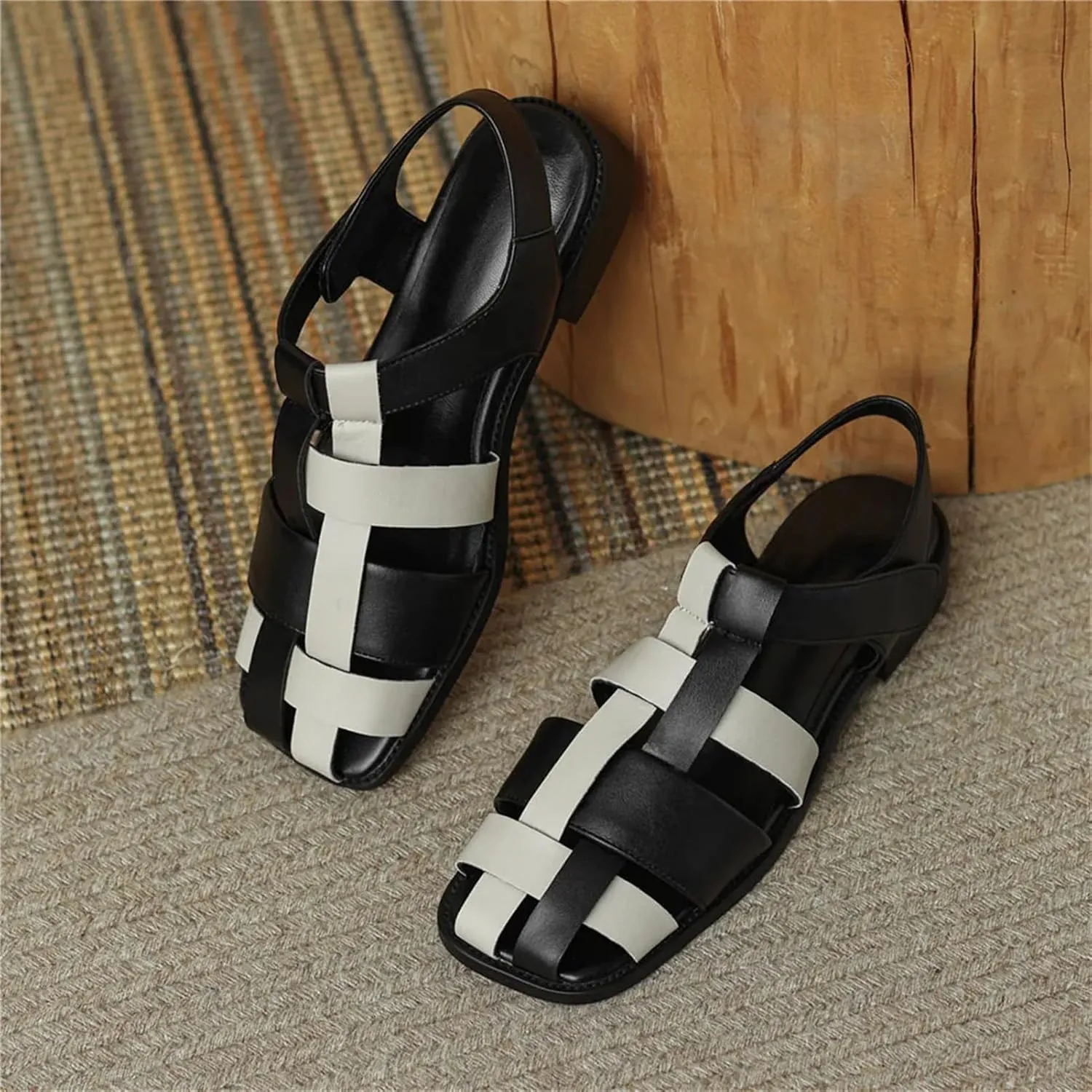 Women's PU Leather Sandals - Weave Thick Heels, Square Toe Summer Casual