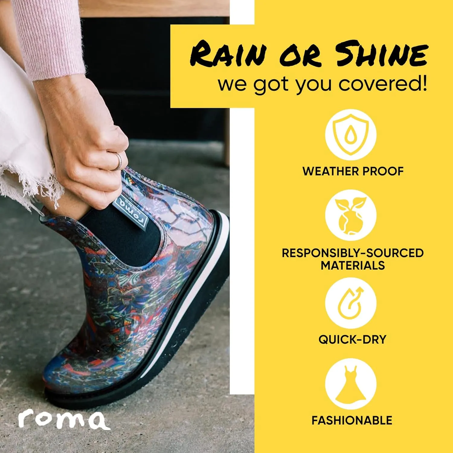 Women's Rain Boots Ankle by Roma Boots, Versatile Vegan Rubber Rain Shoes, Comfortable Rain Boot, Waterproof Rain Shoes with Quick Dry Super Soft Lining - US Sizes.