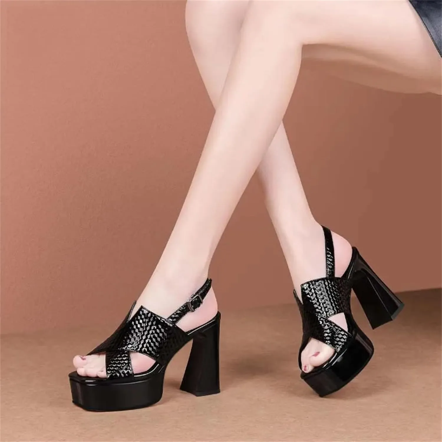 Women's Red/Black Platform Sandals - Genuine Leather Thick Heels Summer Party