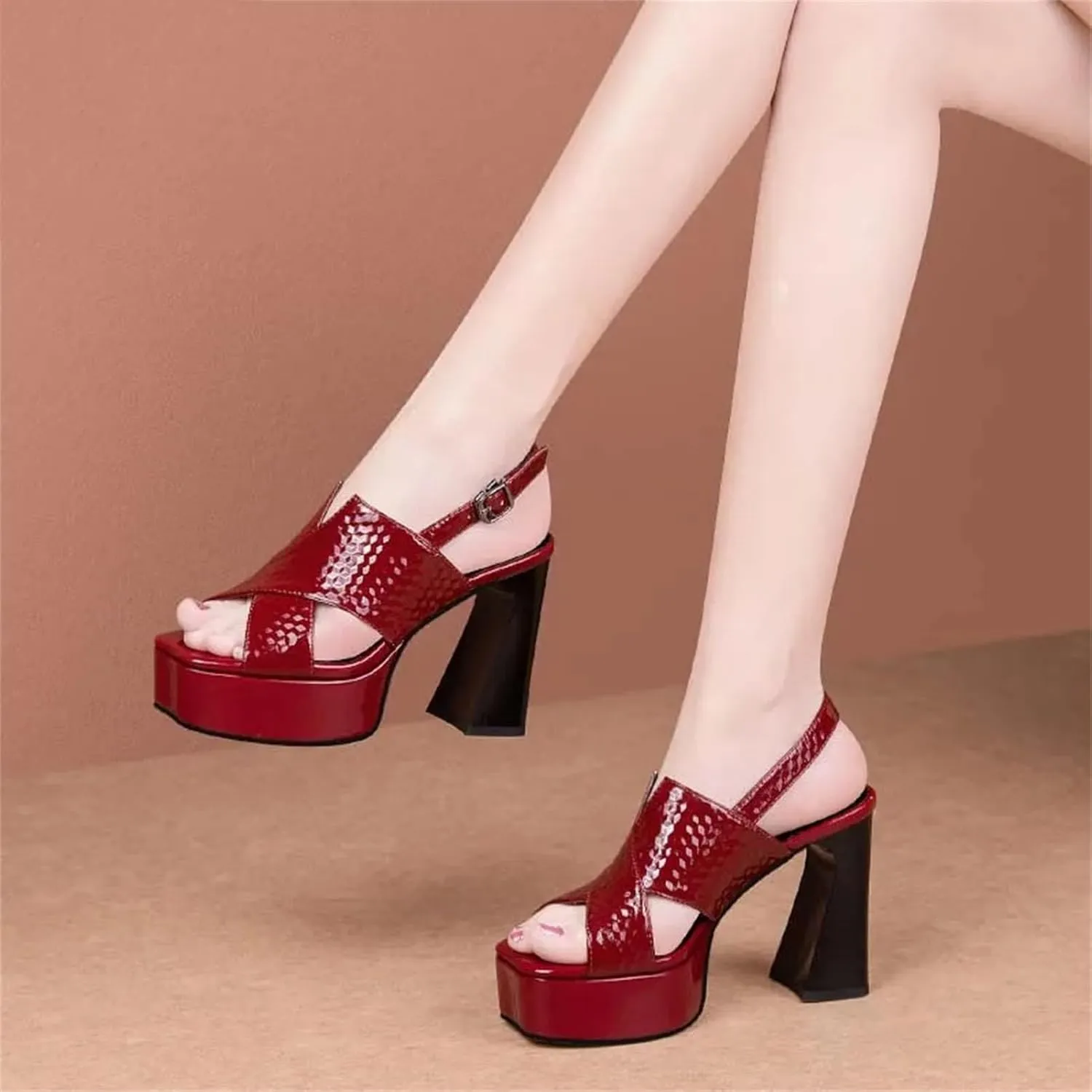 Women's Red/Black Platform Sandals - Genuine Leather Thick Heels Summer Party
