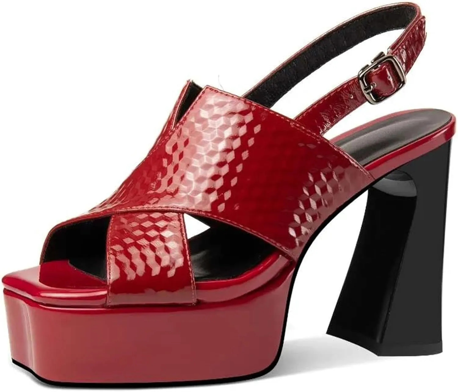 Women's Red/Black Platform Sandals - Genuine Leather Thick Heels Summer Party