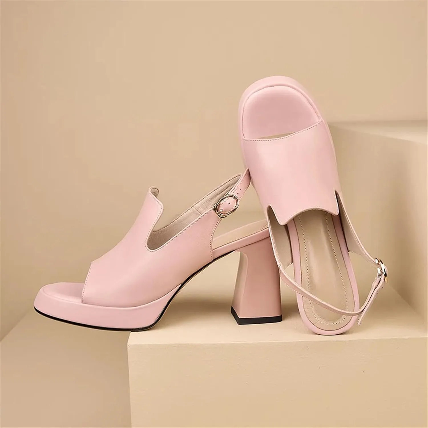 Women's Round Toe Sandals - Genuine Leather Thick Heels, Summer Casual Office Lady