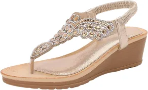 Womens Sandals 2025 Low Wedge Fashion Heels Rhinestone Trendy Flower Shoes Buckle Bohemian Open Toe Sandals Dressy Pearl Crystal Flat Sandal Elastic Ankle Strap Shoes 2025