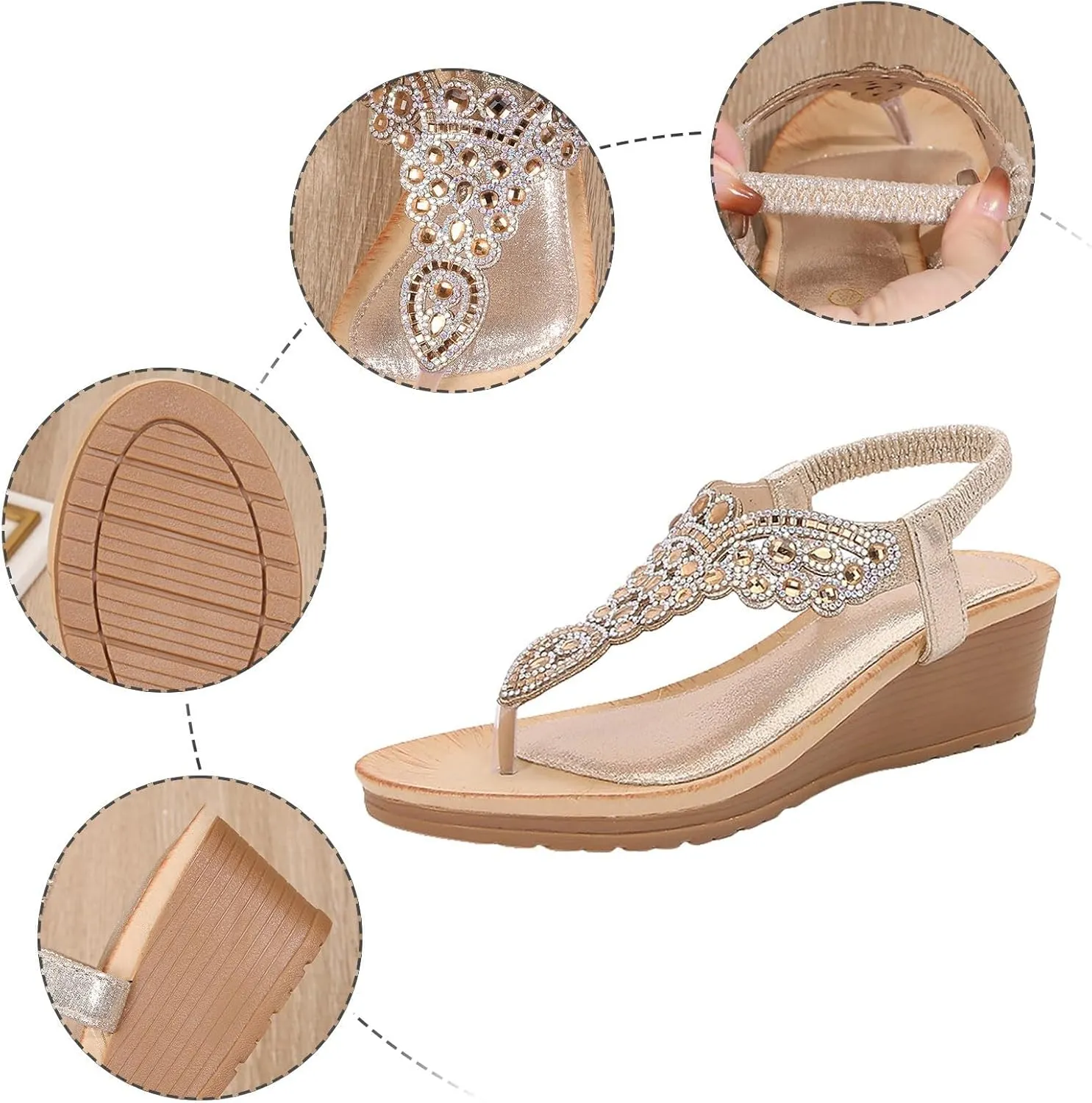 Womens Sandals 2025 Low Wedge Fashion Heels Rhinestone Trendy Flower Shoes Buckle Bohemian Open Toe Sandals Dressy Pearl Crystal Flat Sandal Elastic Ankle Strap Shoes 2025