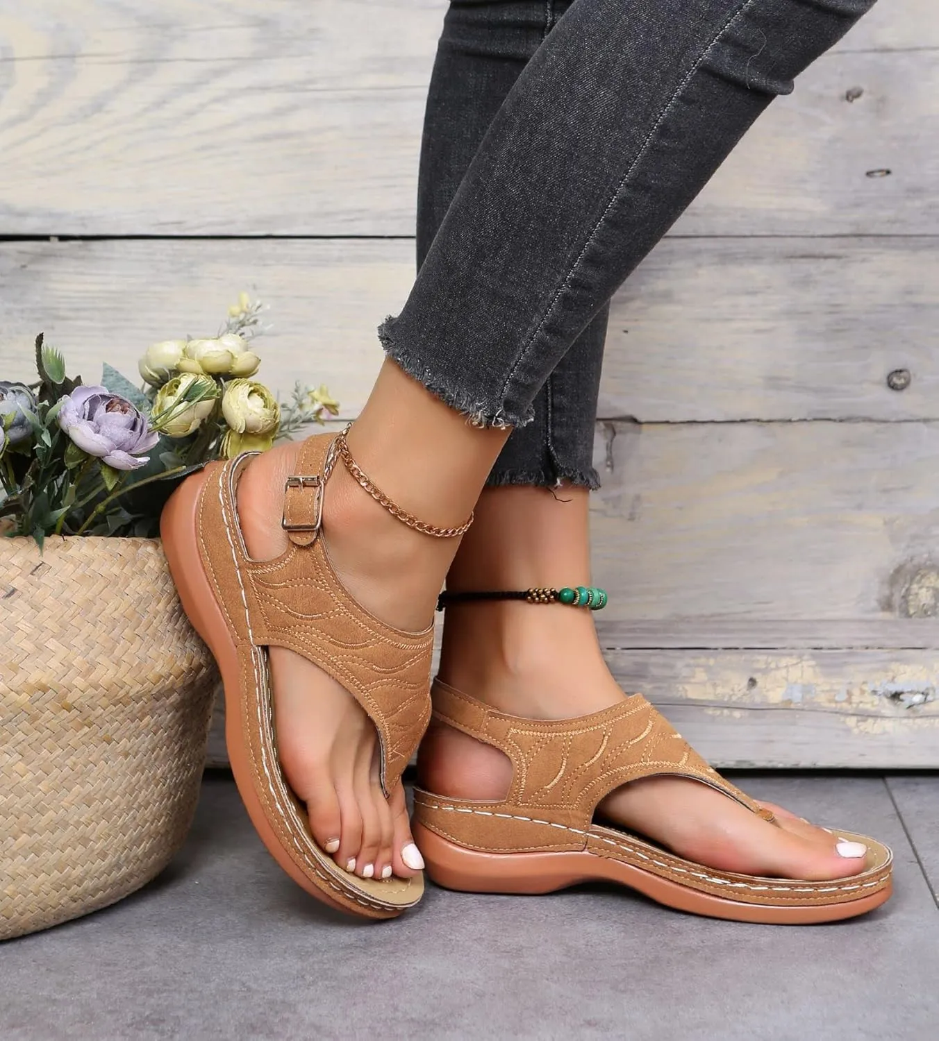 Women's Sandals Thong Slide Flat Slippers Arch Support Sandals with Strappy String Ankle Strap Gladiator Walking Shoes