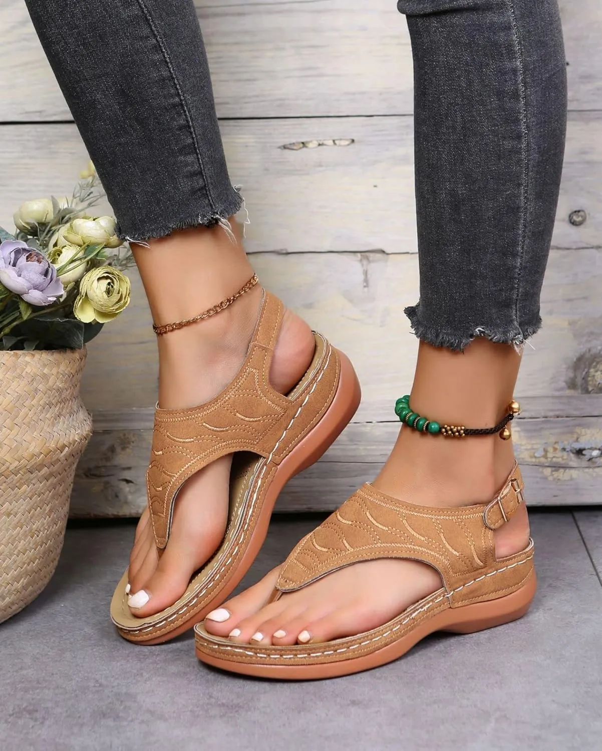 Women's Sandals Thong Slide Flat Slippers Arch Support Sandals with Strappy String Ankle Strap Gladiator Walking Shoes