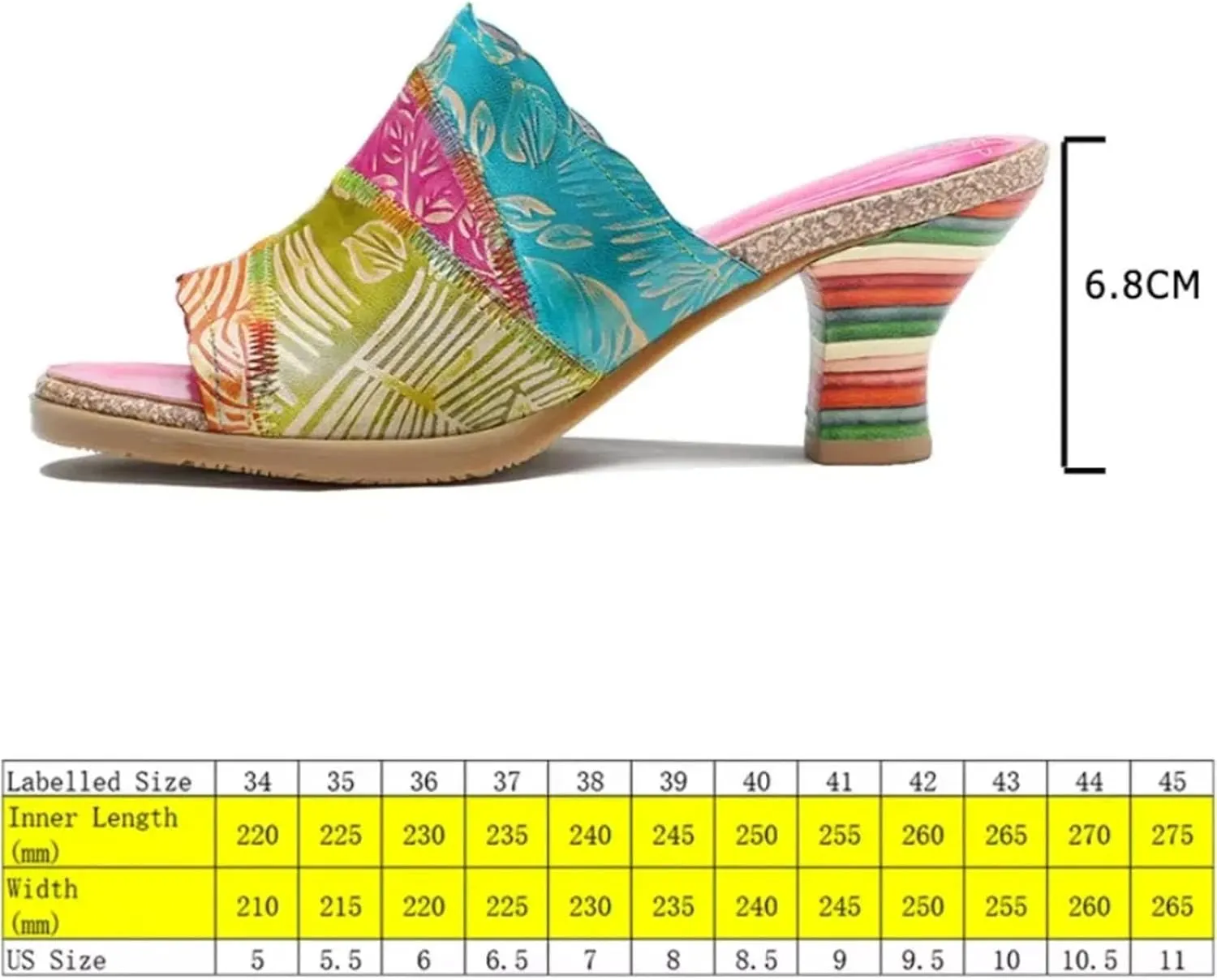 Women's Sheepskin Leather Clogs - 6.8cm Big Size Summer Chunky Heels Print Ethnic