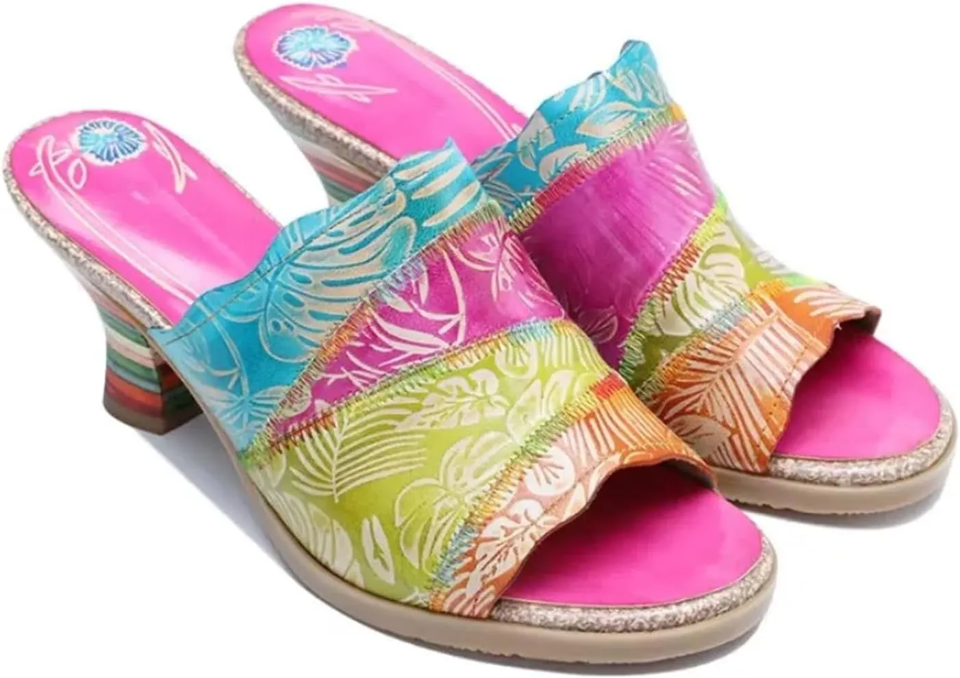 Women's Sheepskin Leather Clogs - 6.8cm Big Size Summer Chunky Heels Print Ethnic