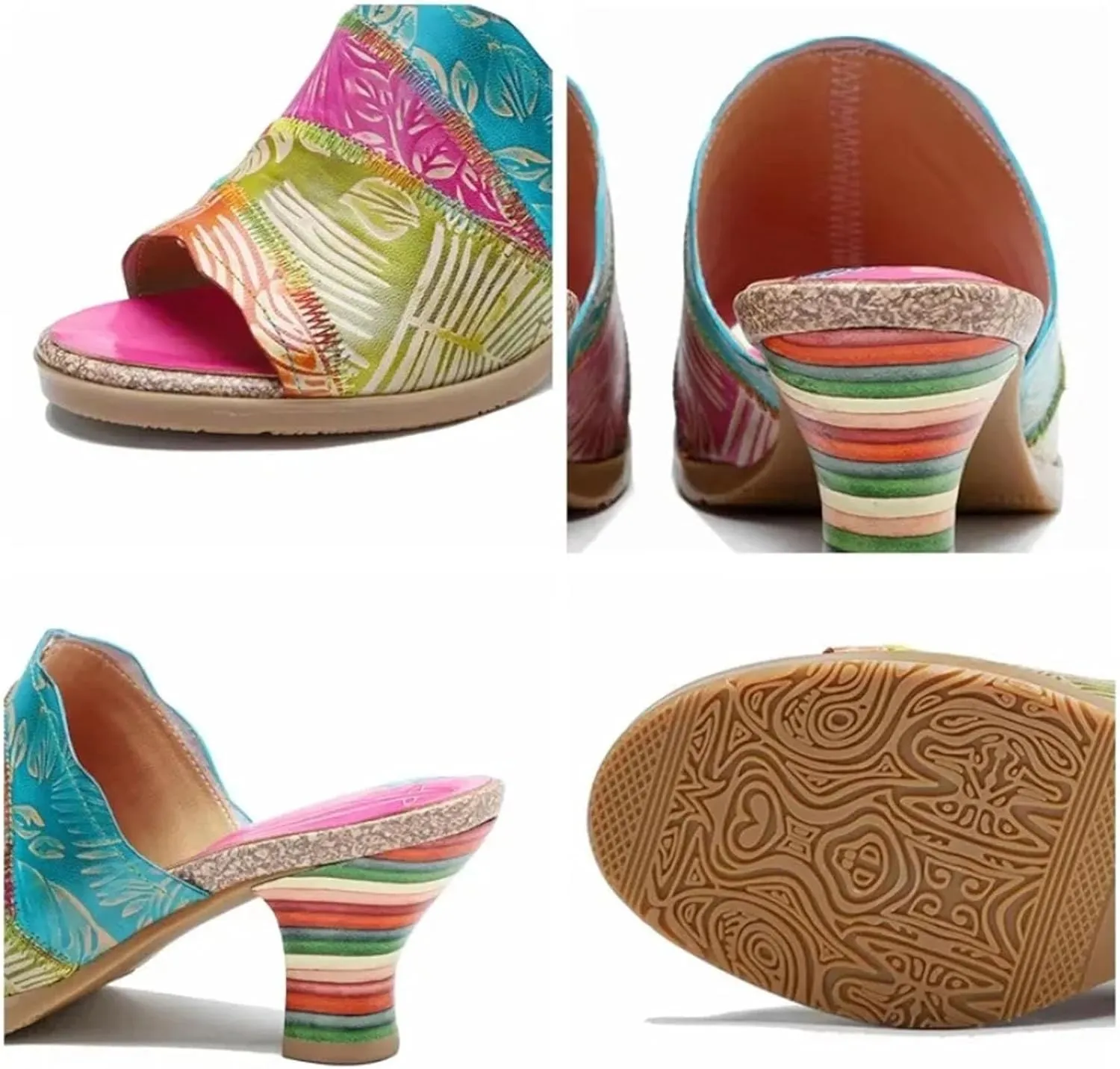 Women's Sheepskin Leather Clogs - 6.8cm Big Size Summer Chunky Heels Print Ethnic
