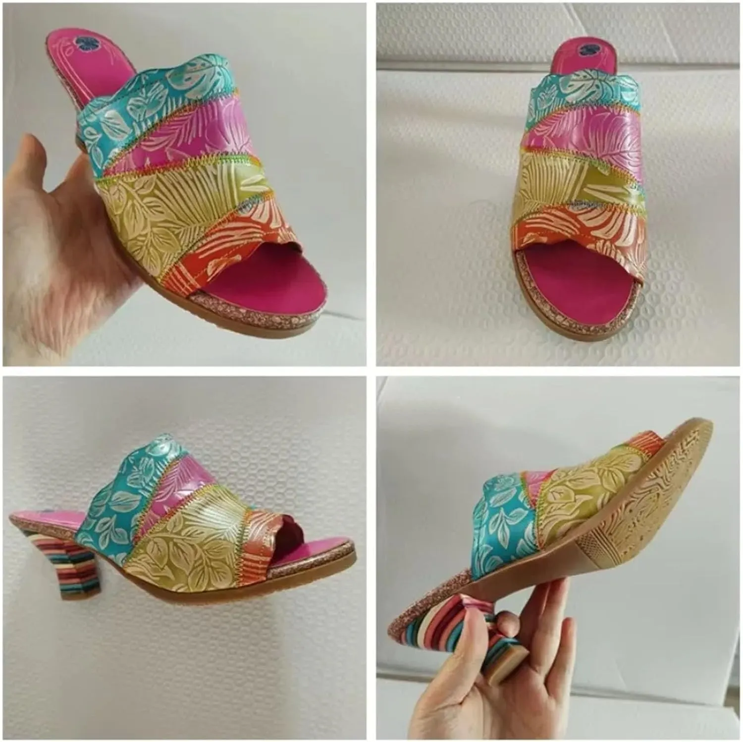 Women's Sheepskin Leather Clogs - 6.8cm Big Size Summer Chunky Heels Print Ethnic