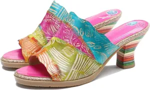Women's Sheepskin Leather Clogs - 6.8cm Big Size Summer Chunky Heels Print Ethnic