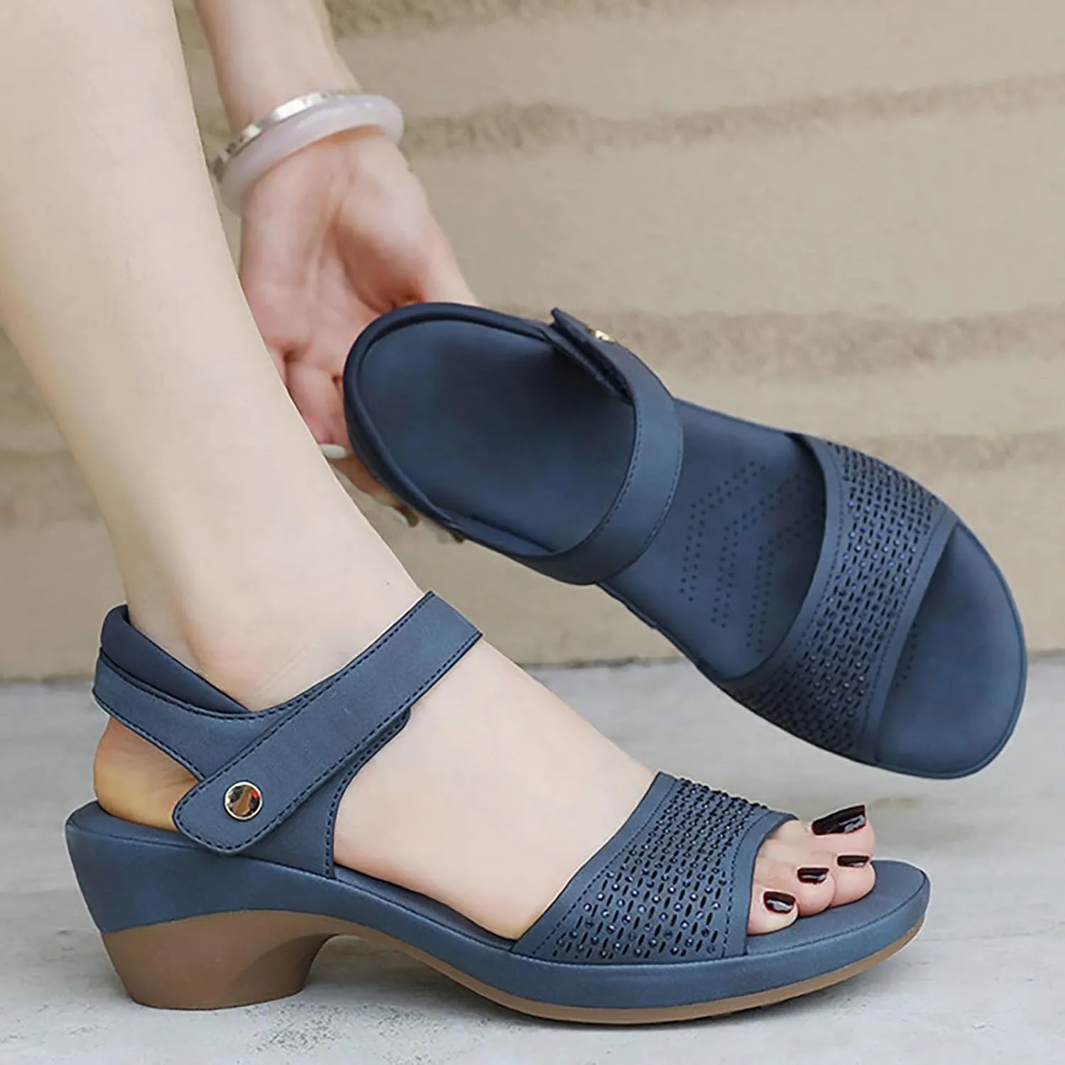Women's Sloan Faux Wood Sandal Memory Foam Insole LiteSole Technology -Wide Widths Chunky High Heel Sandals for Women