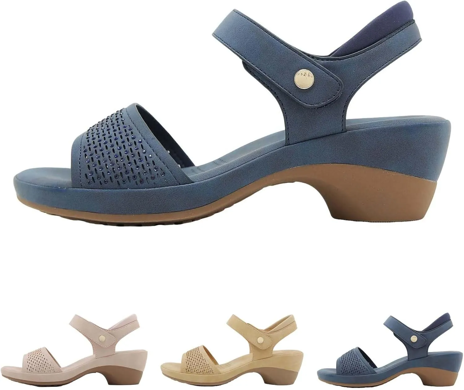 Women's Sloan Faux Wood Sandal Memory Foam Insole LiteSole Technology -Wide Widths Chunky High Heel Sandals for Women