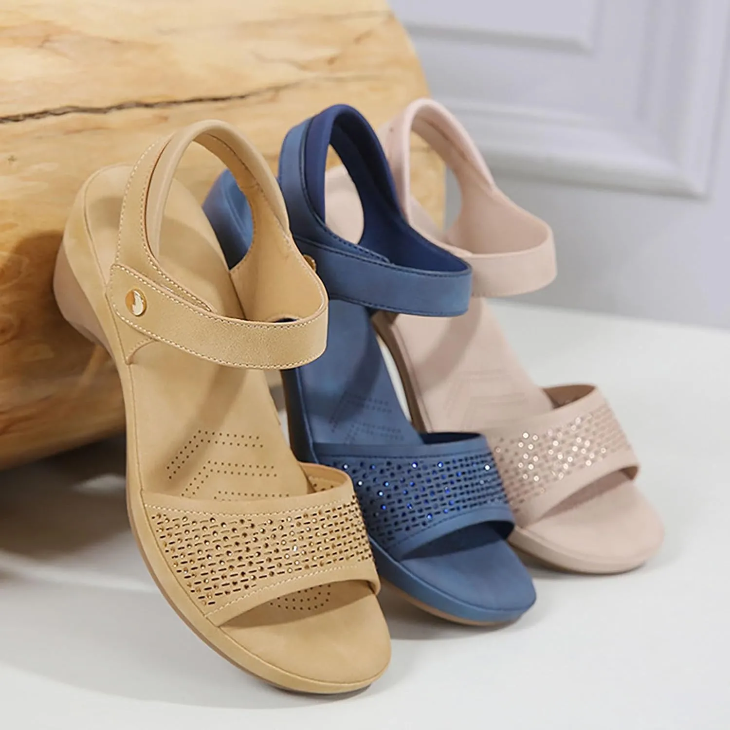 Women's Sloan Faux Wood Sandal Memory Foam Insole LiteSole Technology -Wide Widths Chunky High Heel Sandals for Women