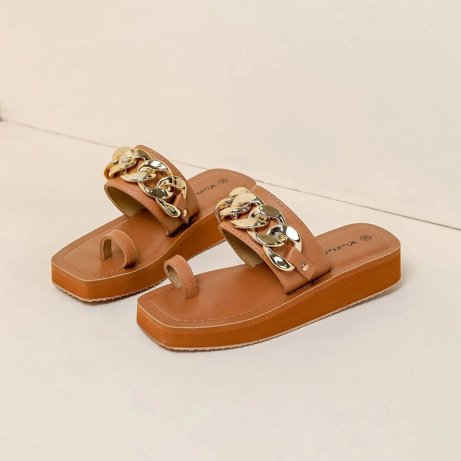 Women's Square Toe Flat Sandals Ring Clip-Toe Slip on Slides Beach Slippers Ladies Dressy Casual Flip Flops