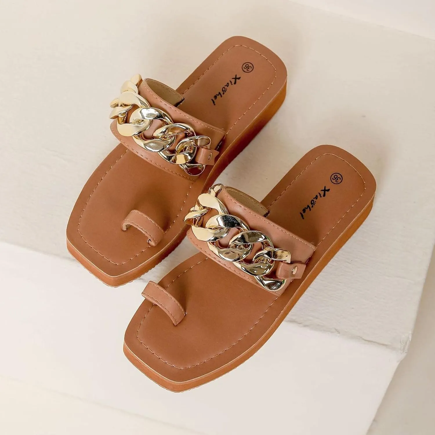 Women's Square Toe Flat Sandals Ring Clip-Toe Slip on Slides Beach Slippers Ladies Dressy Casual Flip Flops