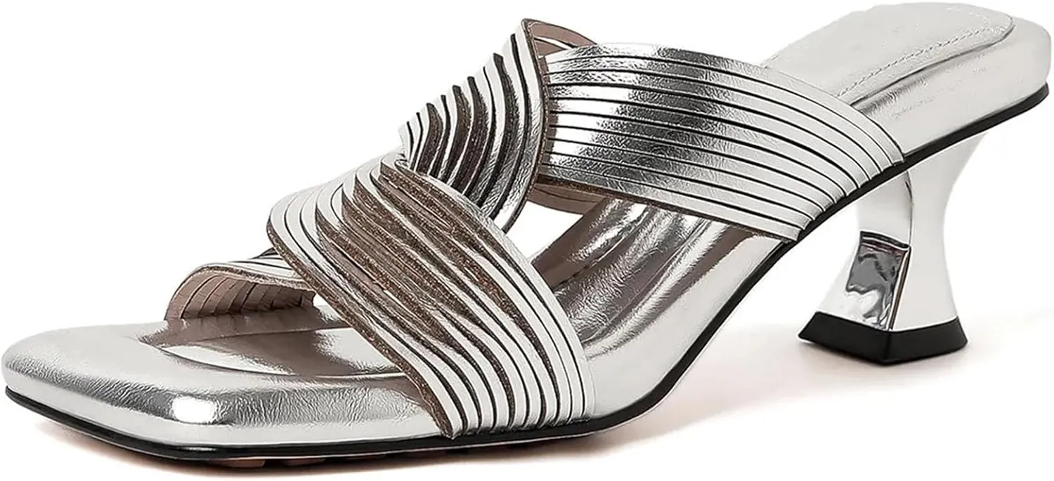 Women's Square Toe Sandals - Golden Kitten-Heels, Quality Leather Summer Party Noble Wedding
