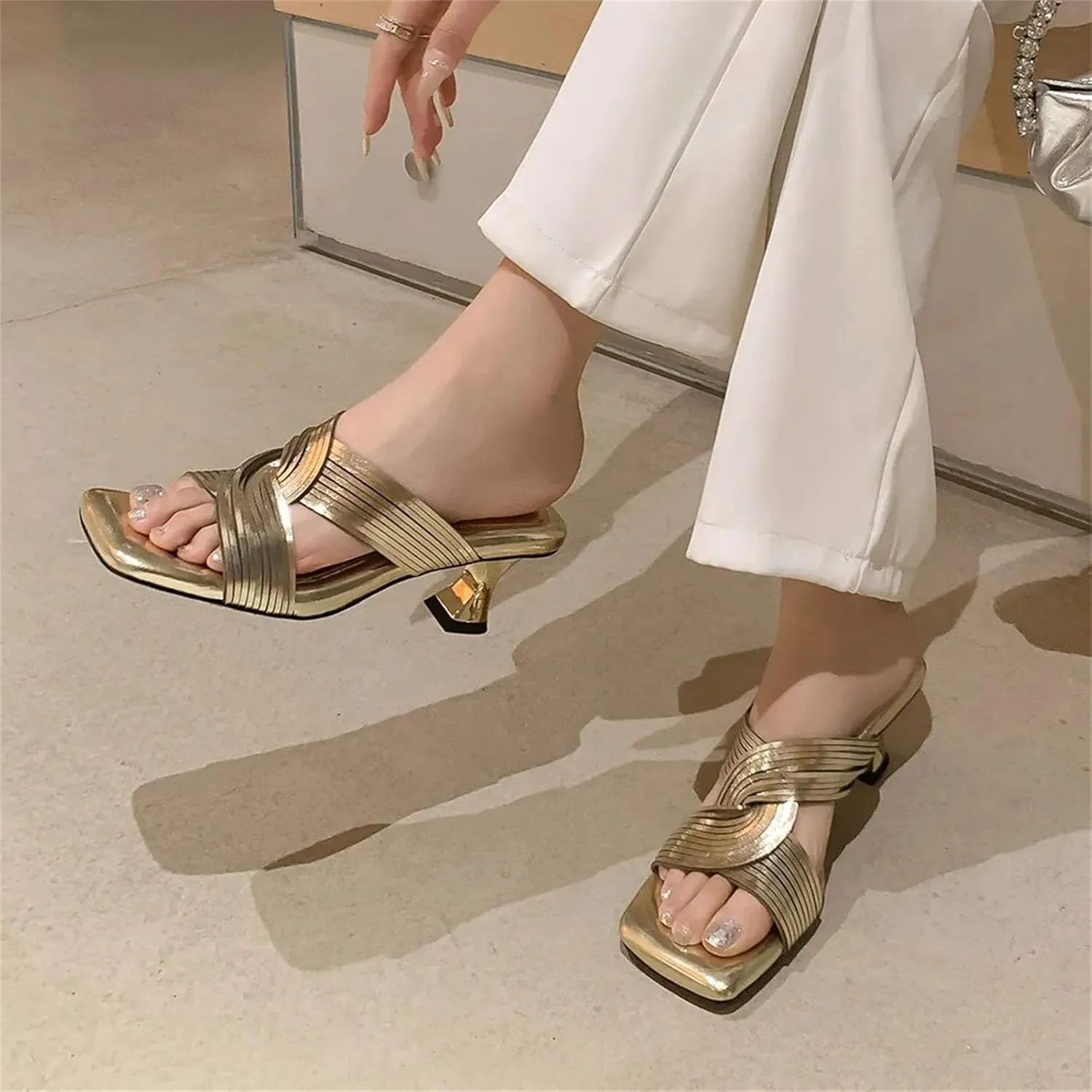 Women's Square Toe Sandals - Golden Kitten-Heels, Quality Leather Summer Party Noble Wedding