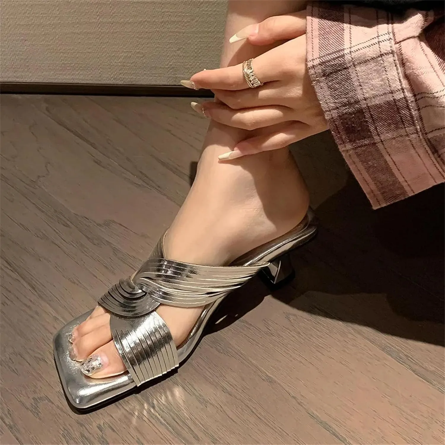 Women's Square Toe Sandals - Golden Kitten-Heels, Quality Leather Summer Party Noble Wedding