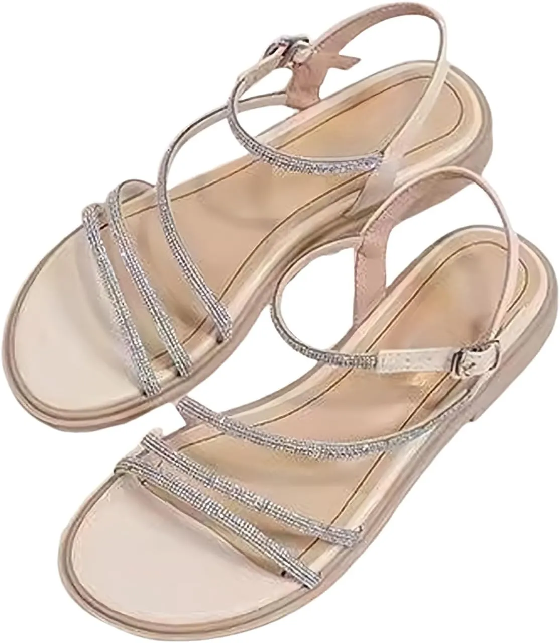 Women's Strappy Sandals Open Toe Adjustable Buckle Flat Sandals Summer Dressy Slip On Beach Slippers Wide Width Rhinestone Dress Shoes