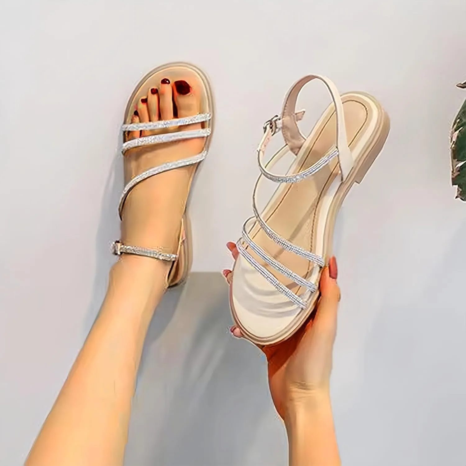 Women's Strappy Sandals Open Toe Adjustable Buckle Flat Sandals Summer Dressy Slip On Beach Slippers Wide Width Rhinestone Dress Shoes
