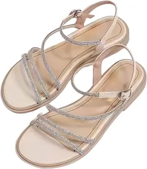 Women's Strappy Sandals Open Toe Adjustable Buckle Flat Sandals Summer Dressy Slip On Beach Slippers Wide Width Rhinestone Dress Shoes