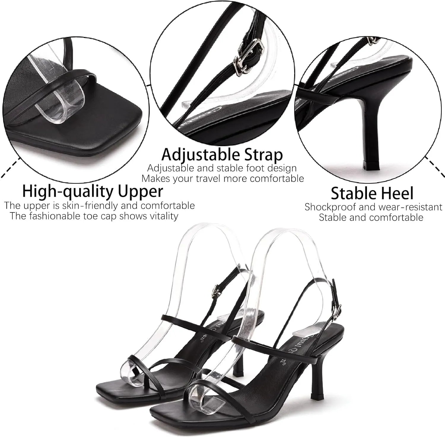 Women's Strappy Toe Ring Stiletto Heels Sandals with Adjustable Ankle Buckle Fashion Open Square Toe Slingback High Heel Pumps for Party Prom Dating Dress Shoes