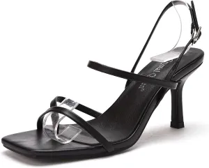 Women's Strappy Toe Ring Stiletto Heels Sandals with Adjustable Ankle Buckle Fashion Open Square Toe Slingback High Heel Pumps for Party Prom Dating Dress Shoes