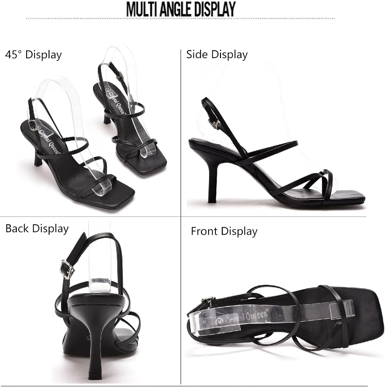 Women's Strappy Toe Ring Stiletto Heels Sandals with Adjustable Ankle Buckle Fashion Open Square Toe Slingback High Heel Pumps for Party Prom Dating Dress Shoes