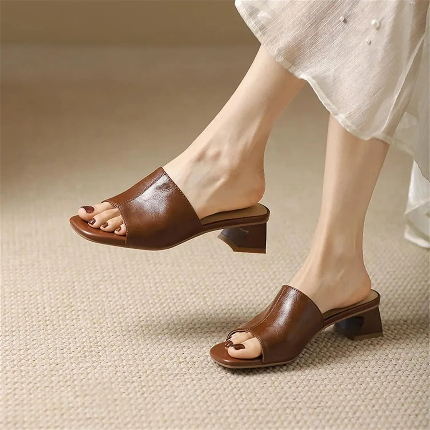 Women's Throwback-Inspired Genuine Leather Sandals - Thick Heels Slippers, Spring Summer Casual