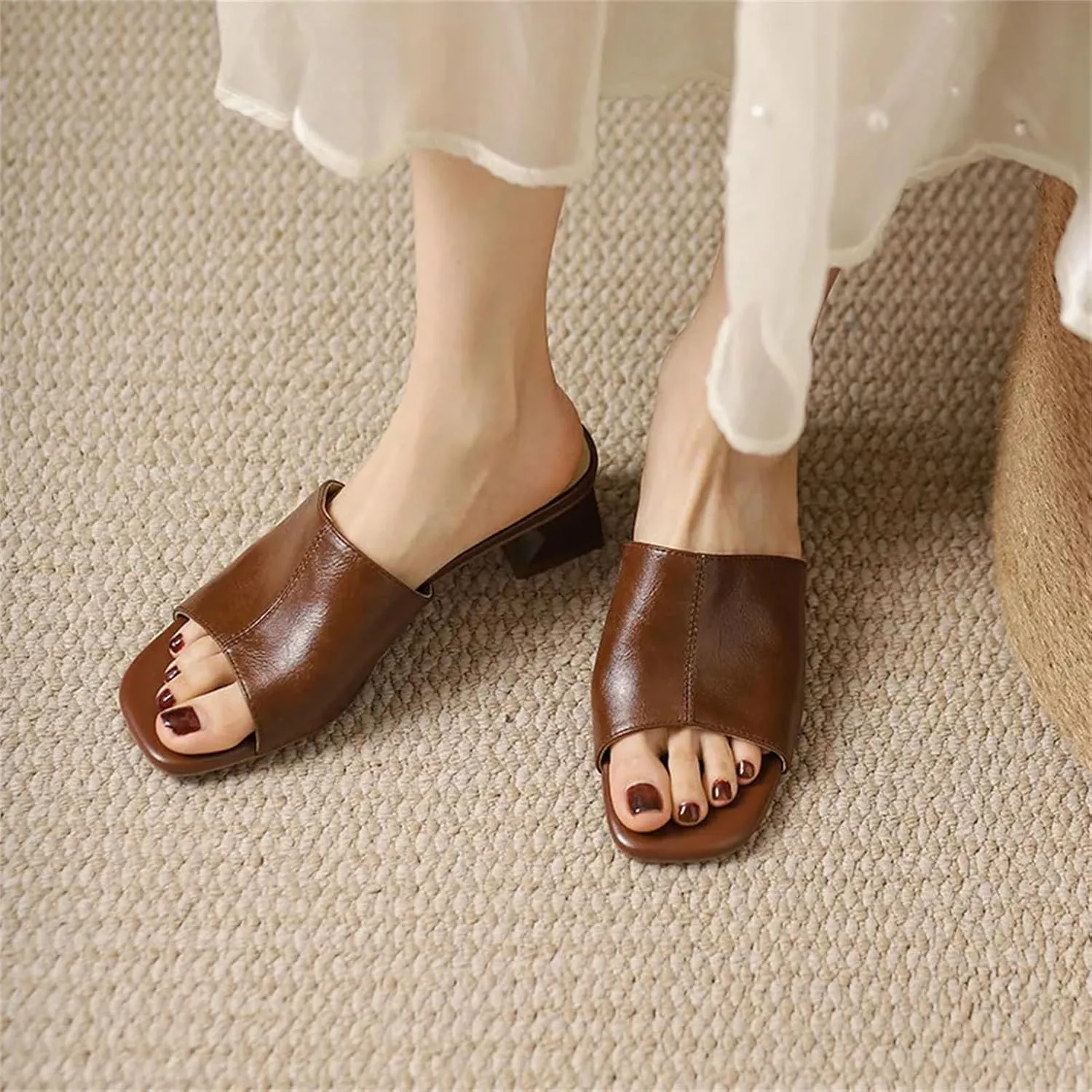 Women's Throwback-Inspired Genuine Leather Sandals - Thick Heels Slippers, Spring Summer Casual